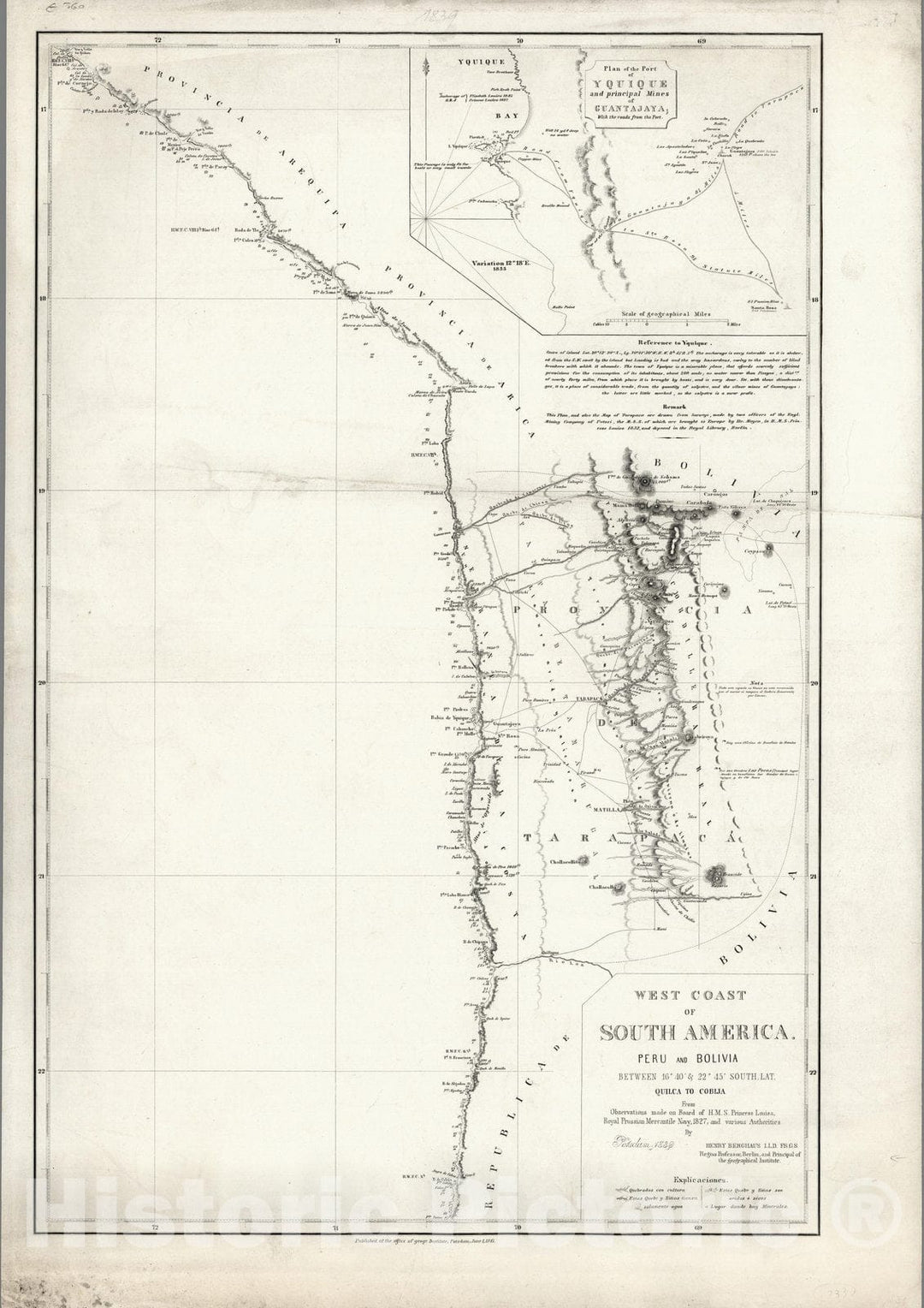 Historic Map : West Coast of South America. Peru and Bolivia (mostly Chile) Quilca to Cobija. 1839 - Vintage Wall Art