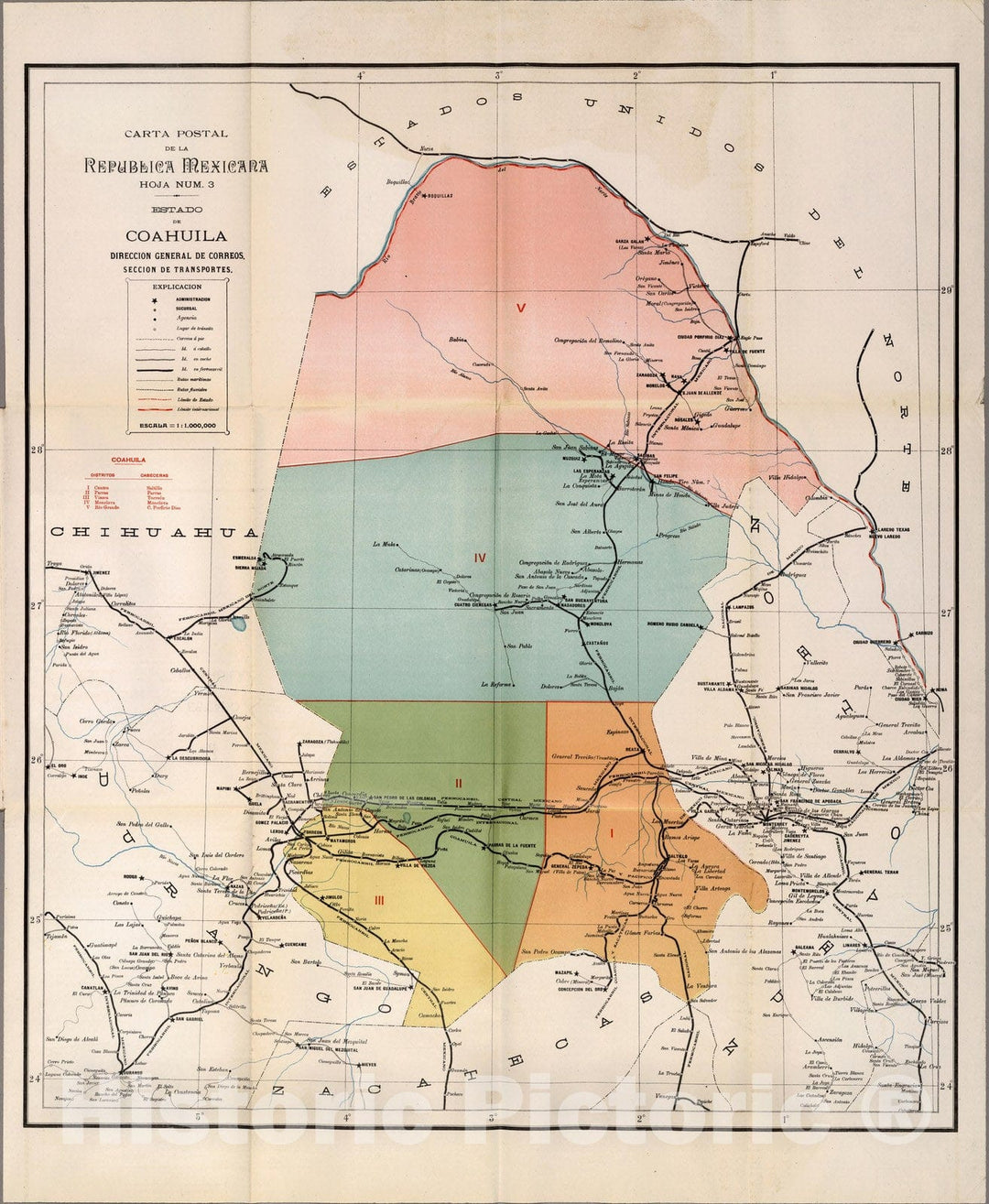 Historic Map : Coahula (Mexico), Carta Postal de la Republica Mexicana. Estado de Coahula, 1908 , Vintage Wall Art