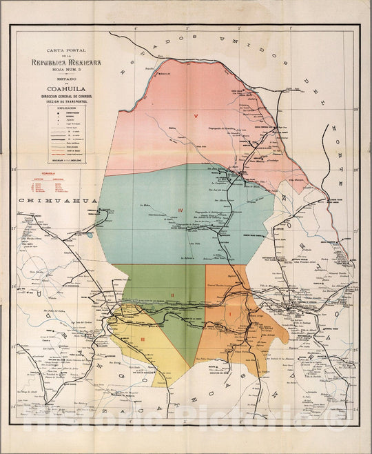 Historic Map : Coahula (Mexico), Carta Postal de la Republica Mexicana. Estado de Coahula, 1908 , Vintage Wall Art