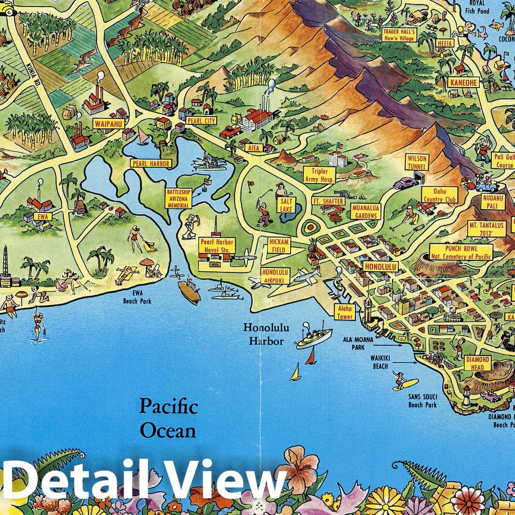 Historic Map : A Pic-Tour Map. Honolulu, Waikiki and 'Round the Isle of Oahu. Waikiki Beach, 1950 - Vintage Wall Art