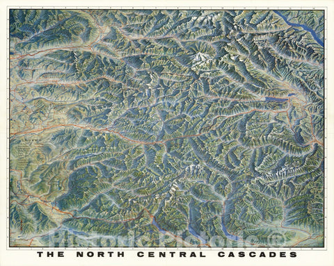 Historic Map - North Central Cascades. A Pictorial Relief Map, 1964, - Vintage Wall Art