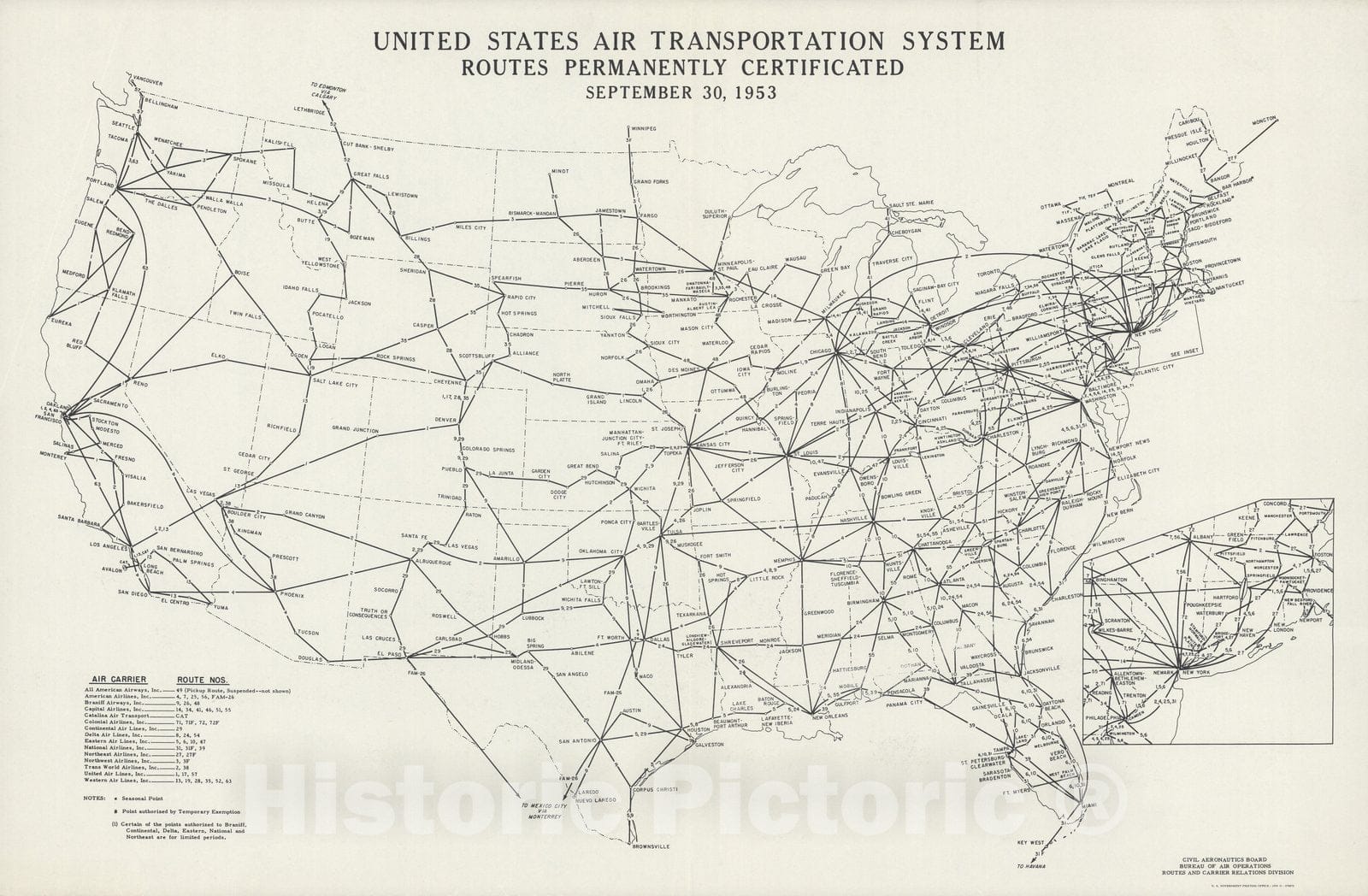 Historic Map : United States Air Transportation System. 1953 - Vintage Wall Art