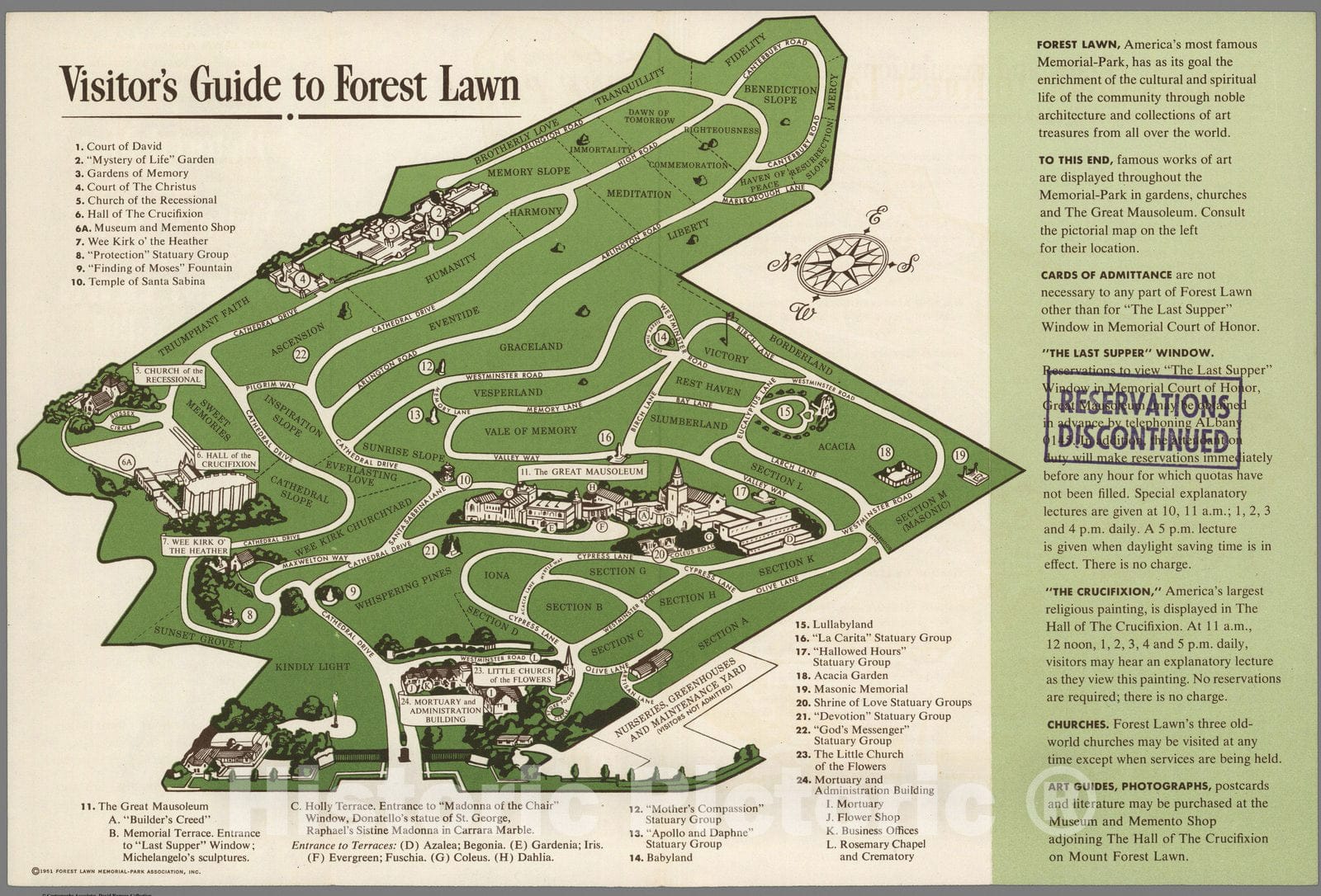 Historic Wall Map : Pictorial Map and Visitor's Guide to Forest Lawn Memorial-Park, Glendale, California, 1951 - Vintage Wall Art