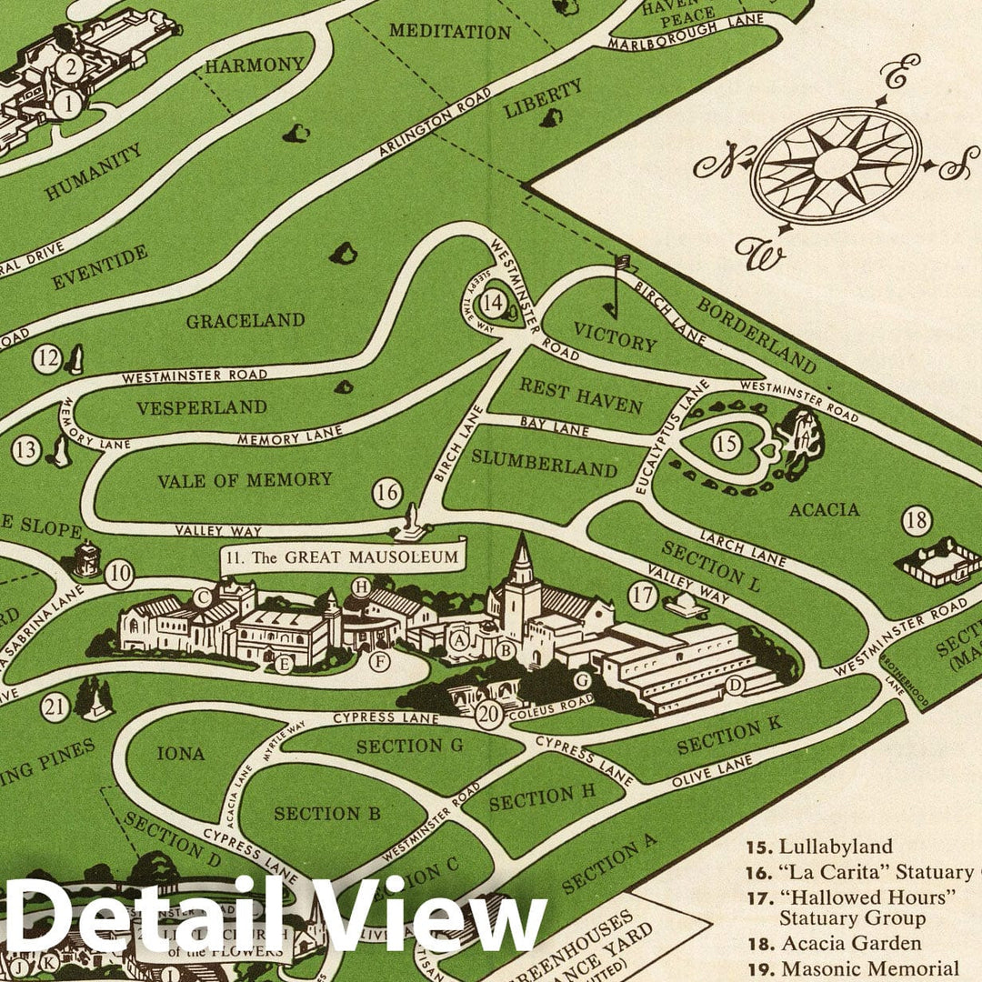 Historic Wall Map : Pictorial Map and Visitor's Guide to Forest Lawn Memorial-Park, Glendale, California, 1951 - Vintage Wall Art