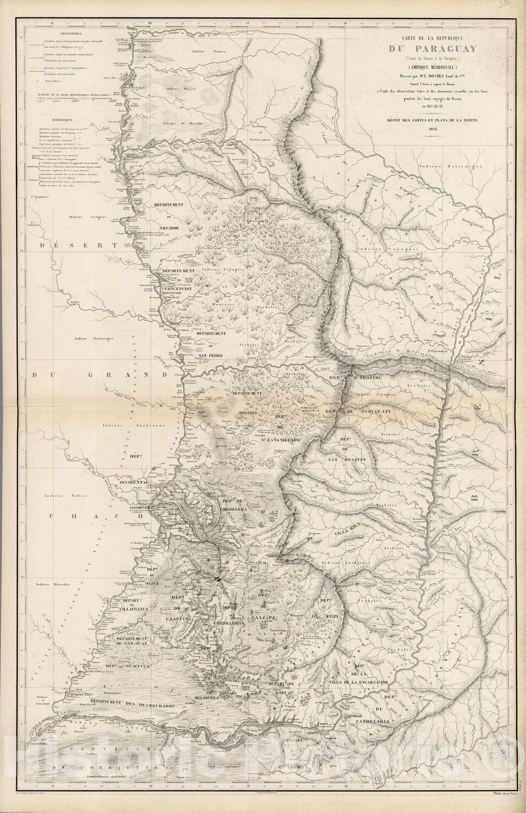 Historic Map : Paraguay, Paraguay River Carte de la Republique du Paraguay : cours du Parana et du Paraguay 1862 , Vintage Wall Art