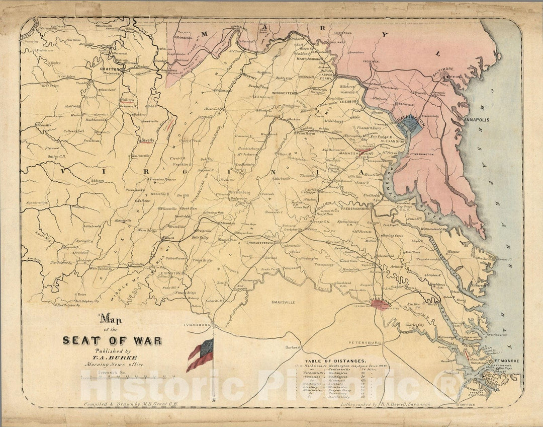 Historic Map : Map of the seat of war. Published by T.A. Burke, 1861 - Vintage Wall Art