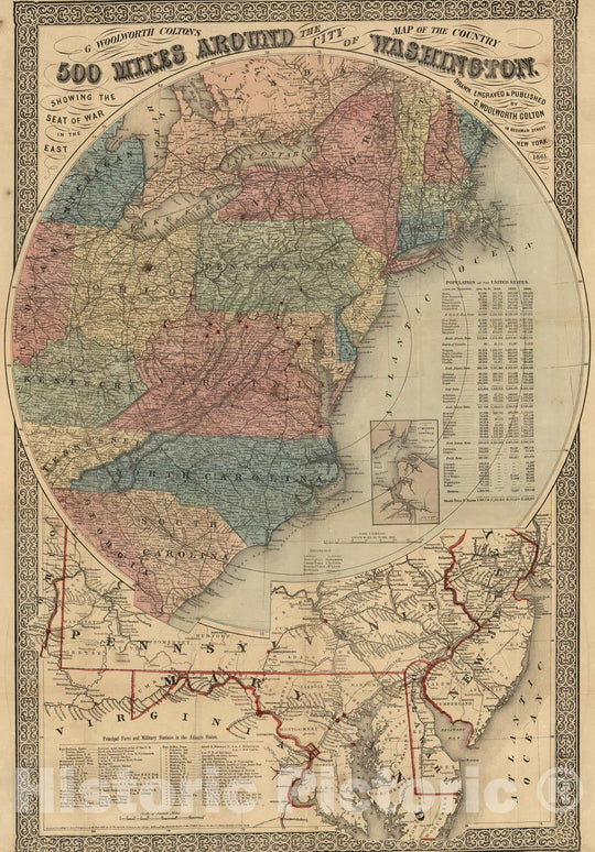 Historic Map : G. Woolworth Colton's map of the country 500 miles around the city of Washington, 1861 - Vintage Wall Art