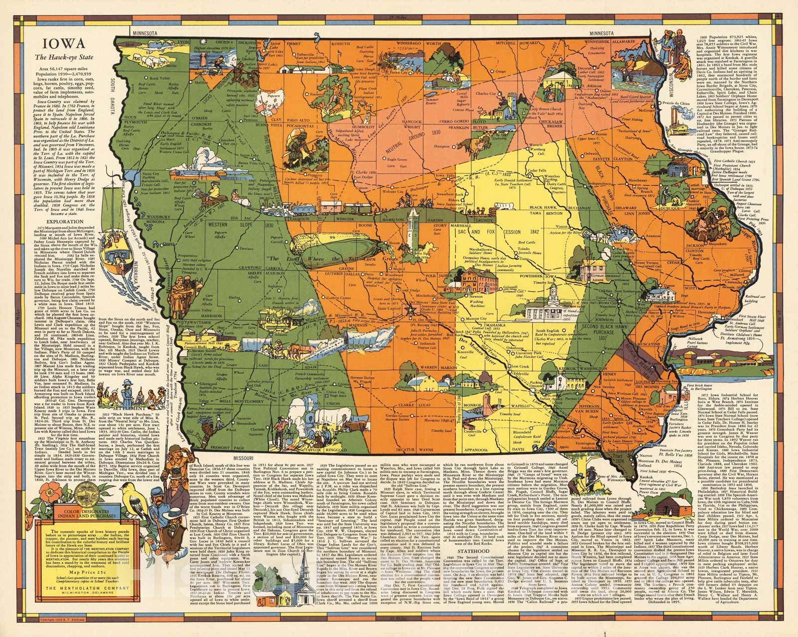 Historic Map : Iowa the Hawk-eye State 1939 - Vintage Wall Art