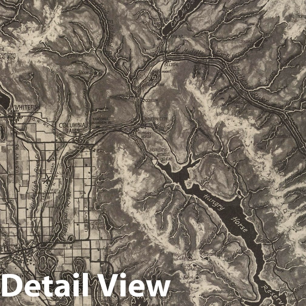 Historic Map : Aerial Photograph, Aerial Map of Glacier National Park and the Flathead Valley, 1954 - Vintage Wall Art