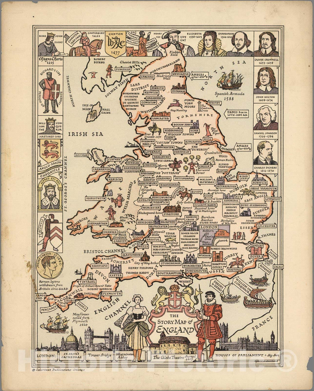 Historic Map - The story map of England. Egbert G. Jacobson, 1936 - Vintage Wall Art