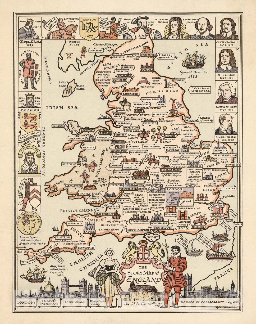 Historic Map - The story map of England. Egbert G. Jacobson, 1936 - Vintage Wall Art