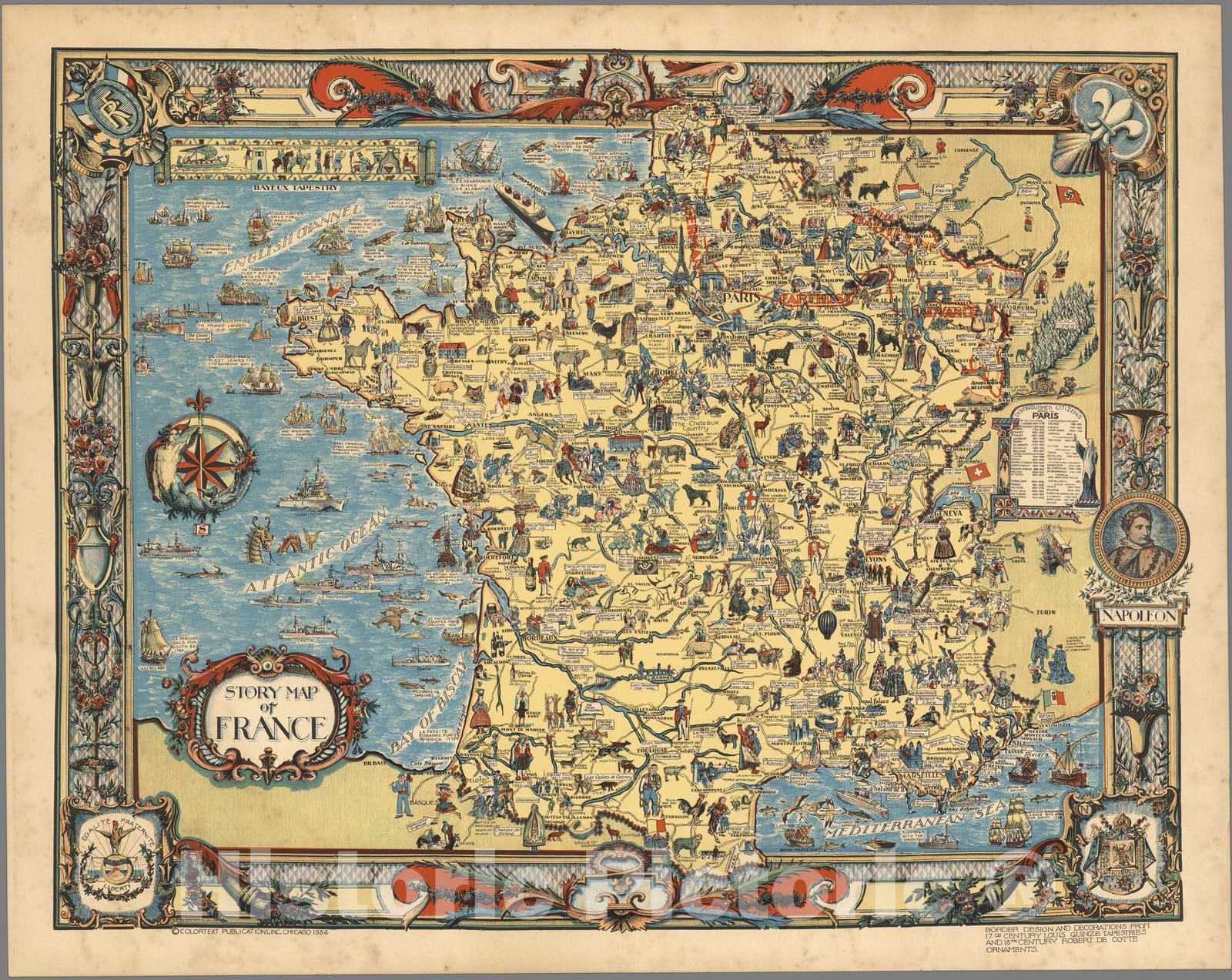 Historic Map : Story map of France. Colortext Publications, Inc, Chicago 1936, 1936 - Vintage Wall Art