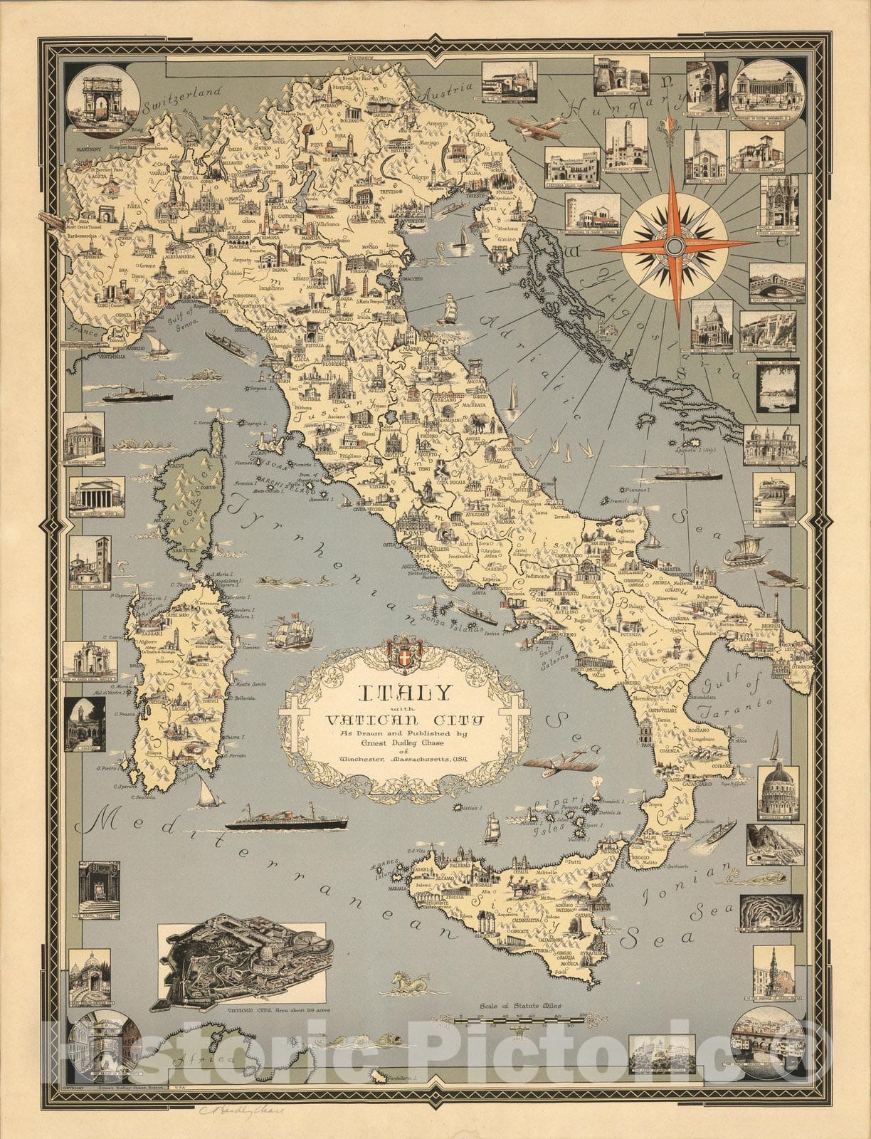 Historic Map : Italy, with Vatican City : as drawn and published by Ernest Dudley Chase 1935 - Vintage Wall Art