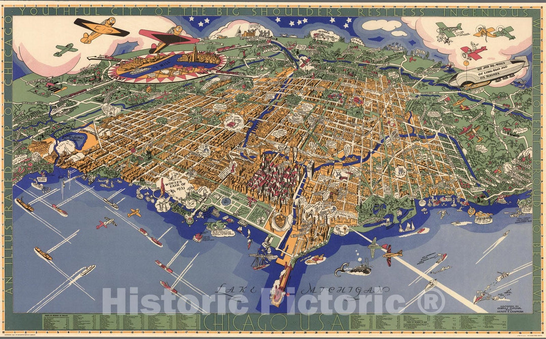 Historic Map : Chicago. U.S.A. Designed by Charles Turzak and Henry T. Chapman 1931 - Vintage Wall Art