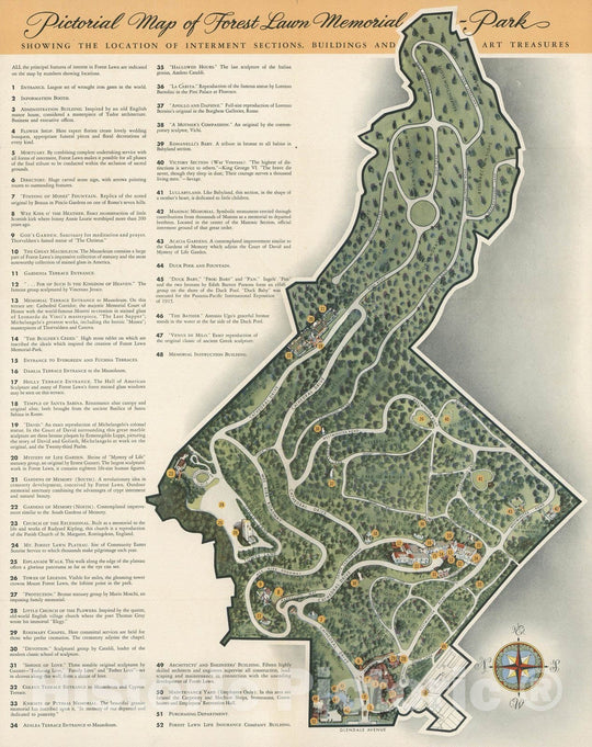 Historic Map : Pictorial map of Forest Lawn Memorial - Park, Glendale, California, 1945 - Vintage Wall Art