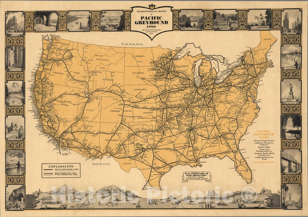 Historic Map : Transcontinental routes of Pacific Greyhound Lines 1935 - Vintage Wall Art