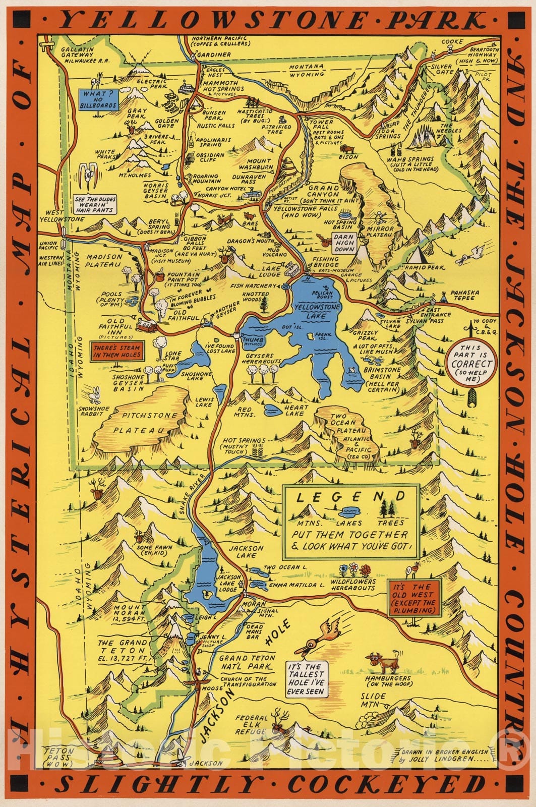 Historic Map : A Hysterical Map of The Yellowstone Park And The Jackson Hole Country, 1936 - Vintage Wall Art