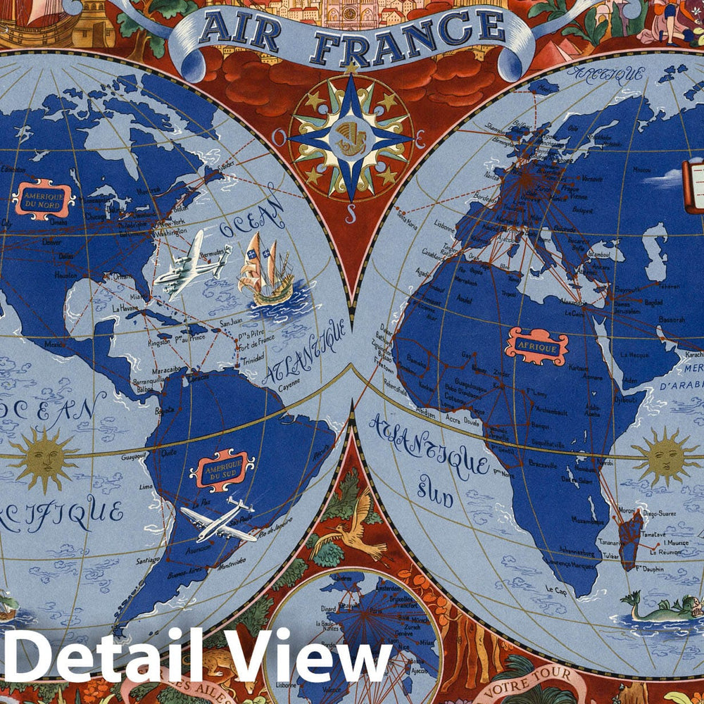 Historic Map : Air France. Boucher, Lucien, 1950, Vintage Wall Decor