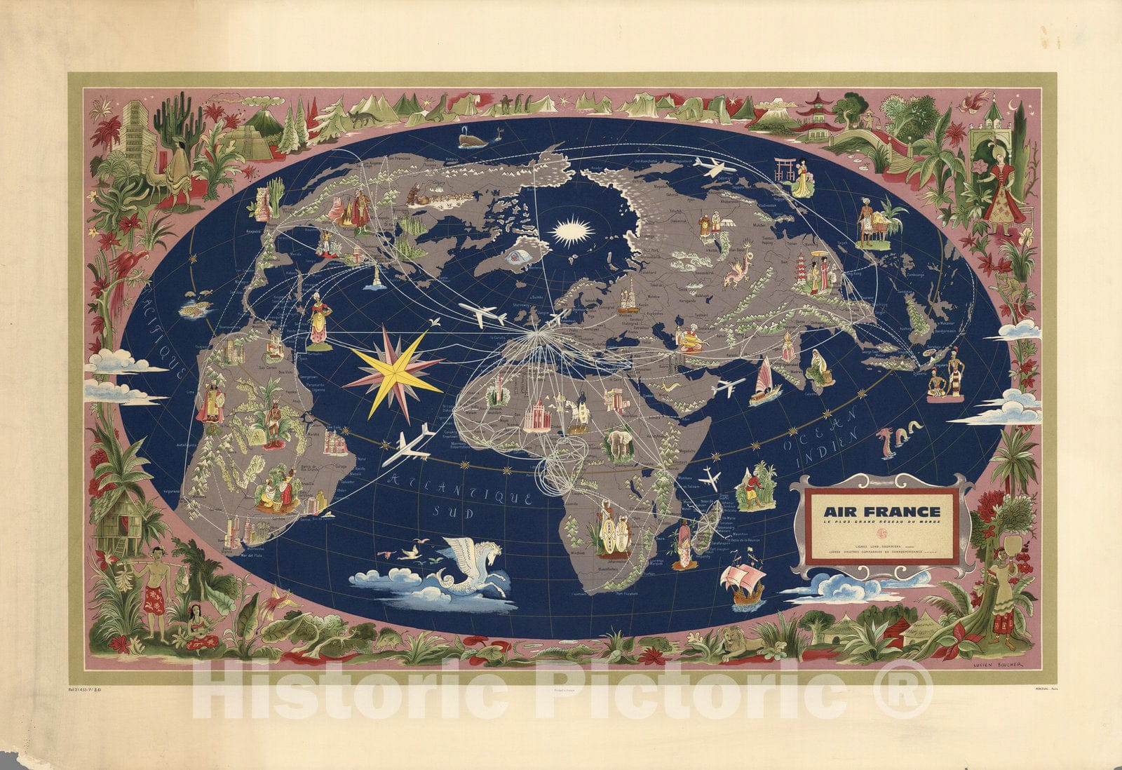 Historic Map : Air France, Le Plus Grand Reseau ou Monde. Ref.21.433/P/3.61. Printed in France. Perceval - Paris. - Vintage Wall Art