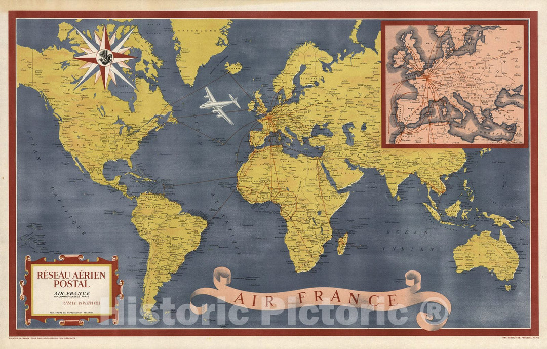 Historic Map : Air France. Reseau Aerien Postal. Printed in France. Reseau Air-France Lignes Etrangeres. (inset) Europe. - Vintage Wall Art