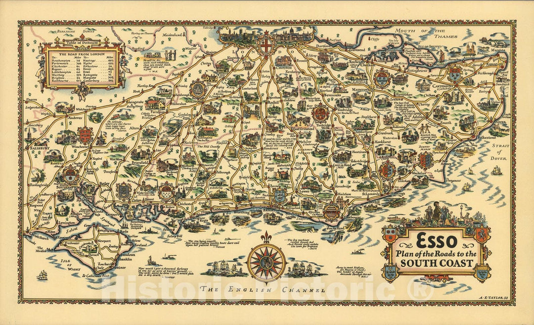 Historic Map : Esso Plan of the Roads to the South Coast, England. 1932 - Vintage Wall Art