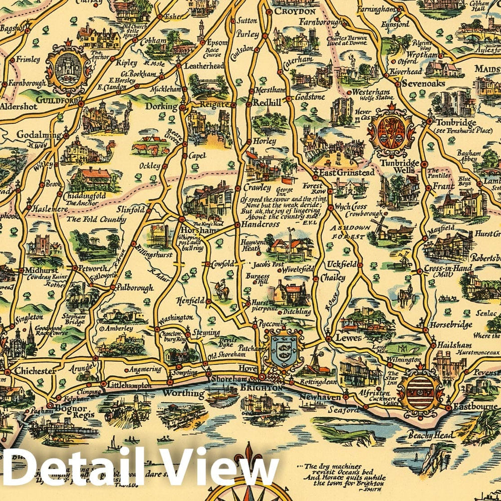 Historic Map : Esso Plan of the Roads to the South Coast, England. 1932 - Vintage Wall Art