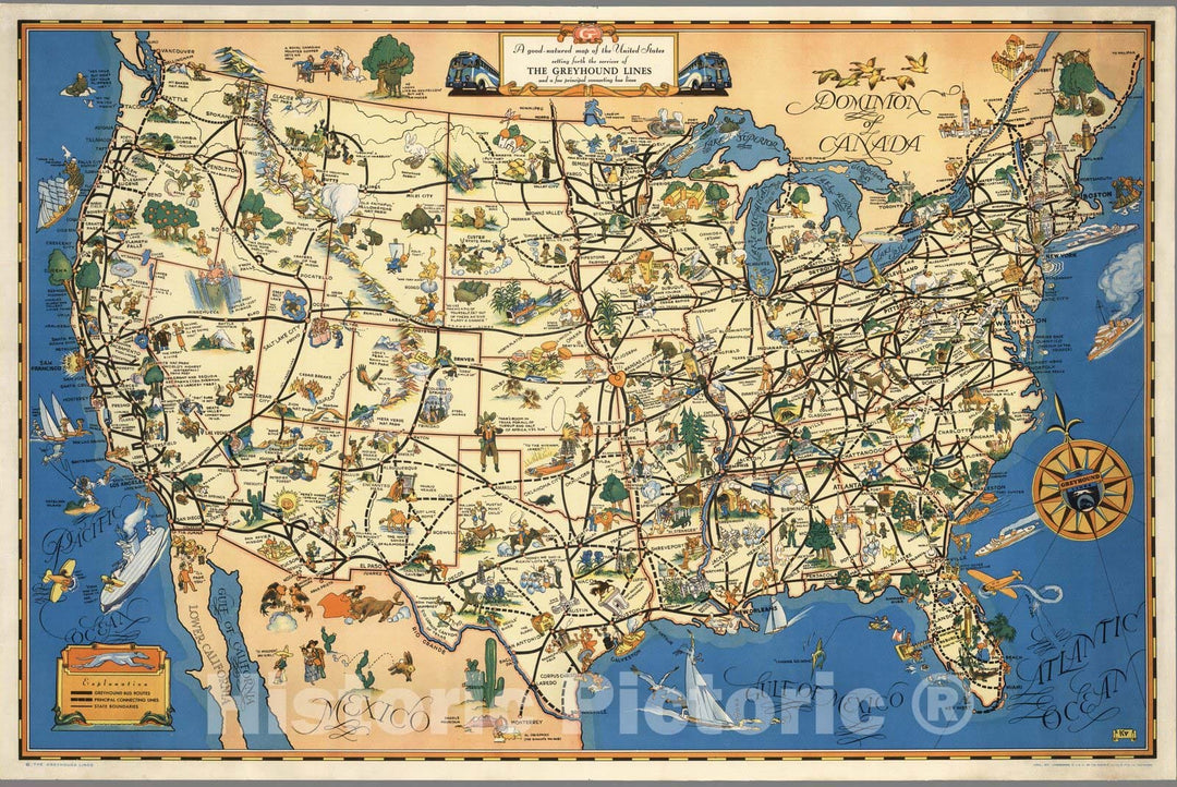 Historic Map : A good-natured map of the United States setting forth the services of The Greyhound Lines, 1937 - Vintage Wall Art