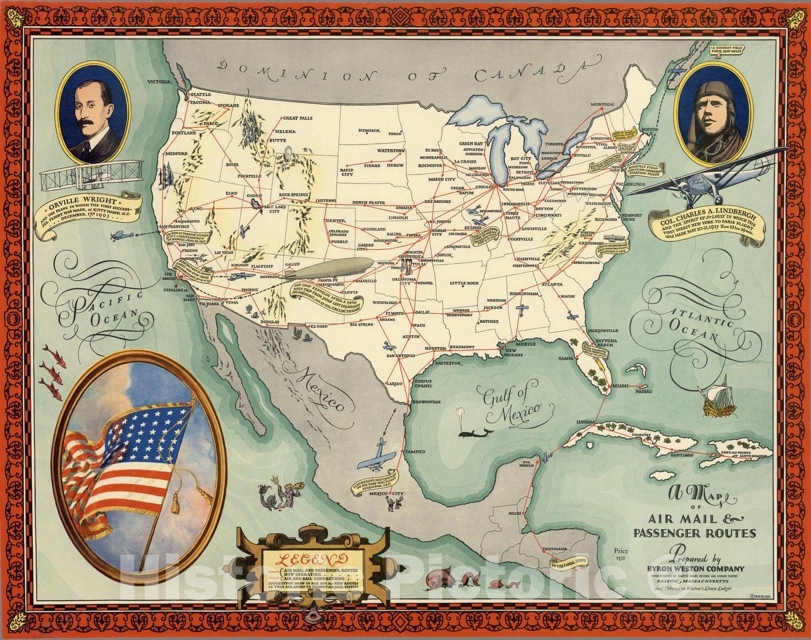 Historic Map : Air Mail & Passenger Routes in the United States, 1930 - Vintage Wall Art