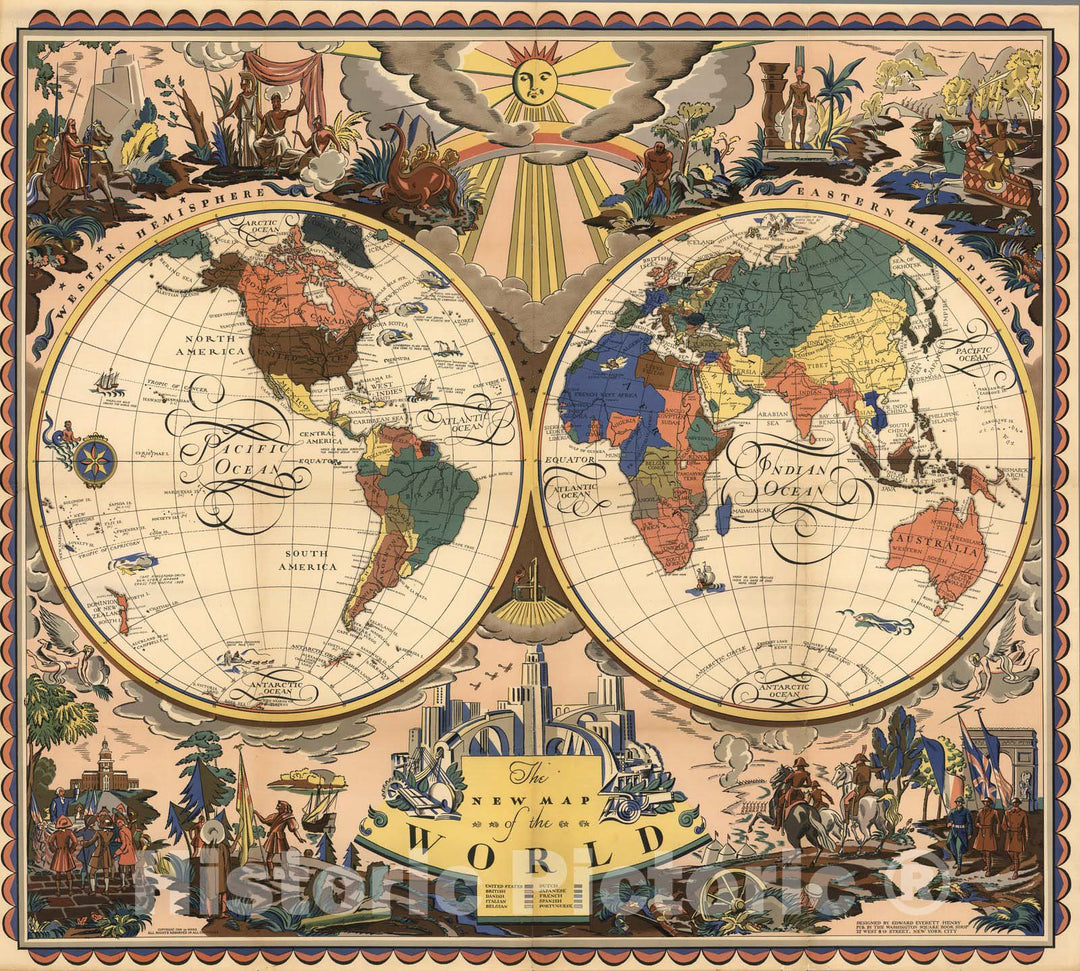 Historic Map - The New Map of the World, 1928, - Vintage Wall Art