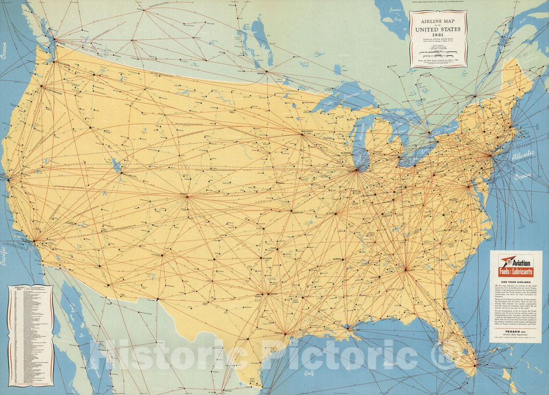 Historic Map : Airline Map of the United States 1961, 1961 - Vintage Wall Art