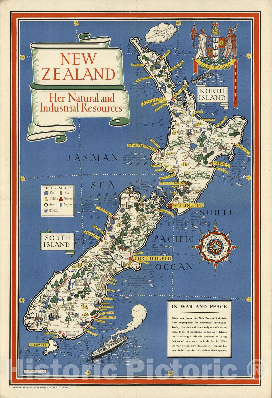 Historic Wall Map : New Zealand : her natural and industrial resources 1943 - Vintage Wall Art