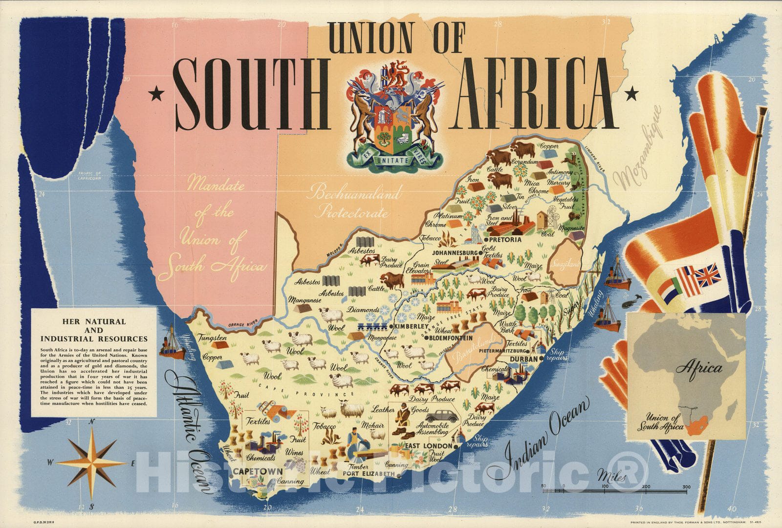 Historic Map : Union of South Africa. Printed in England by Thos. Forman & Sons Ltd. 1943 - Vintage Wall Art