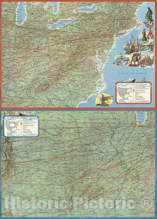 Historic Wall Map : American Airlines Map No.1 (Eastern U.S.) Map No.2 (Central U.S.), 1946 - Vintage Wall Art