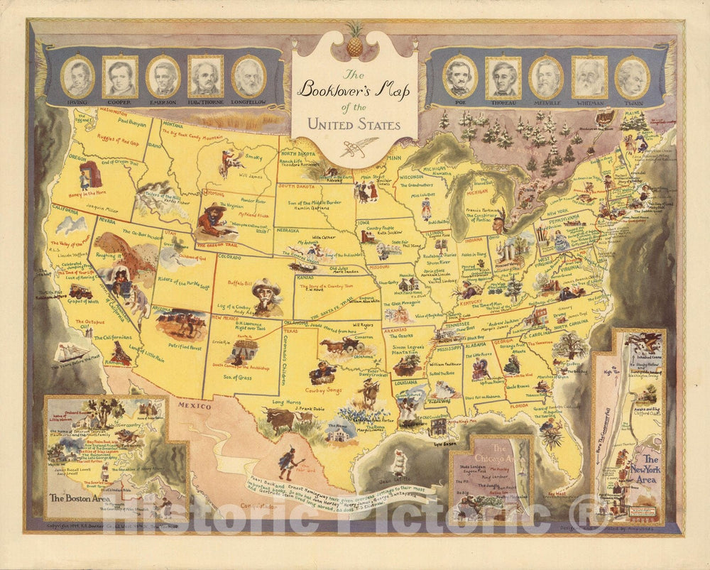 Historic Map : Booklover's Map of the United States, 1949 - Vintage Wall Art