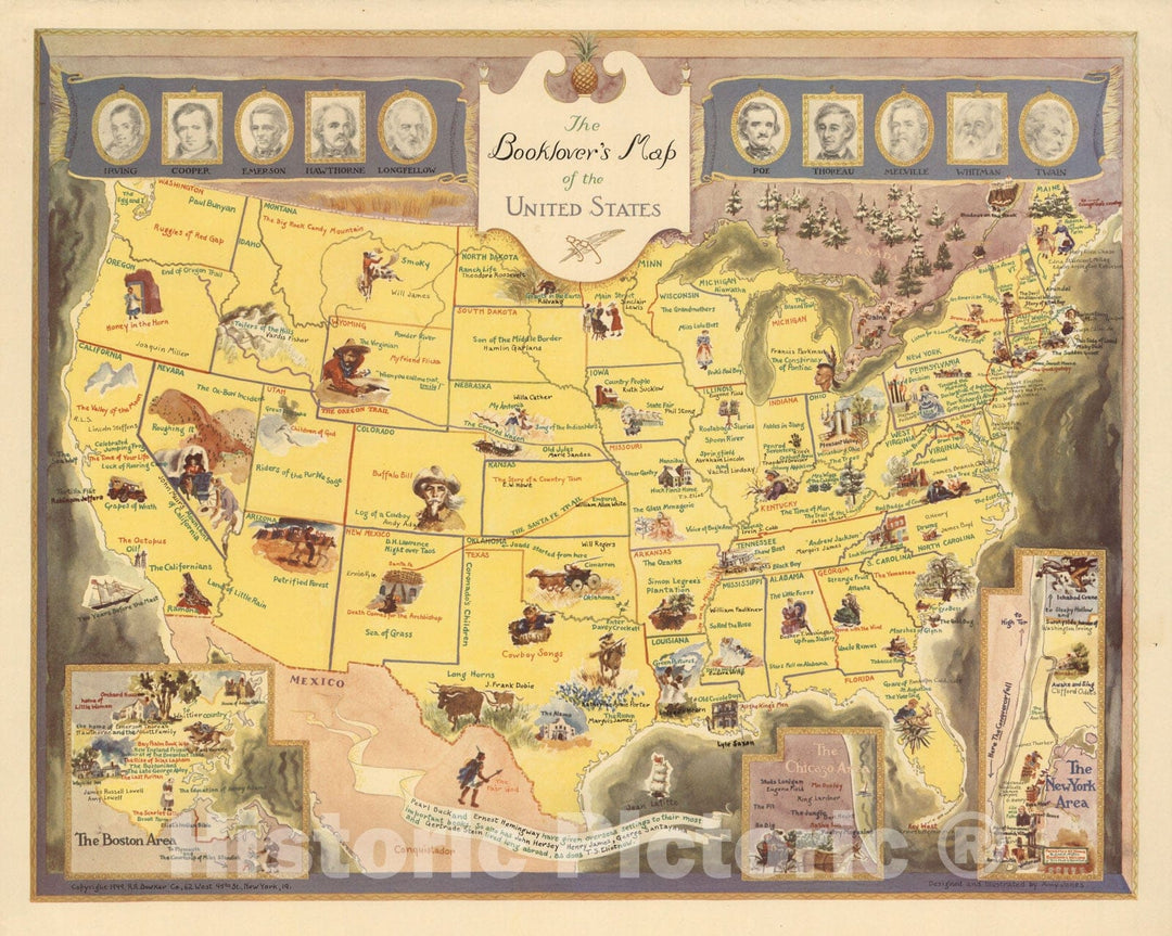 Historic Map : Booklover's Map of the United States, 1949 - Vintage Wall Art