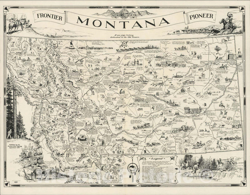 A Map of Montana whereon is Depicted and Inscribed the Pioneer History of the Land of Shining Mountains, 1937 - Vintage Wall Art