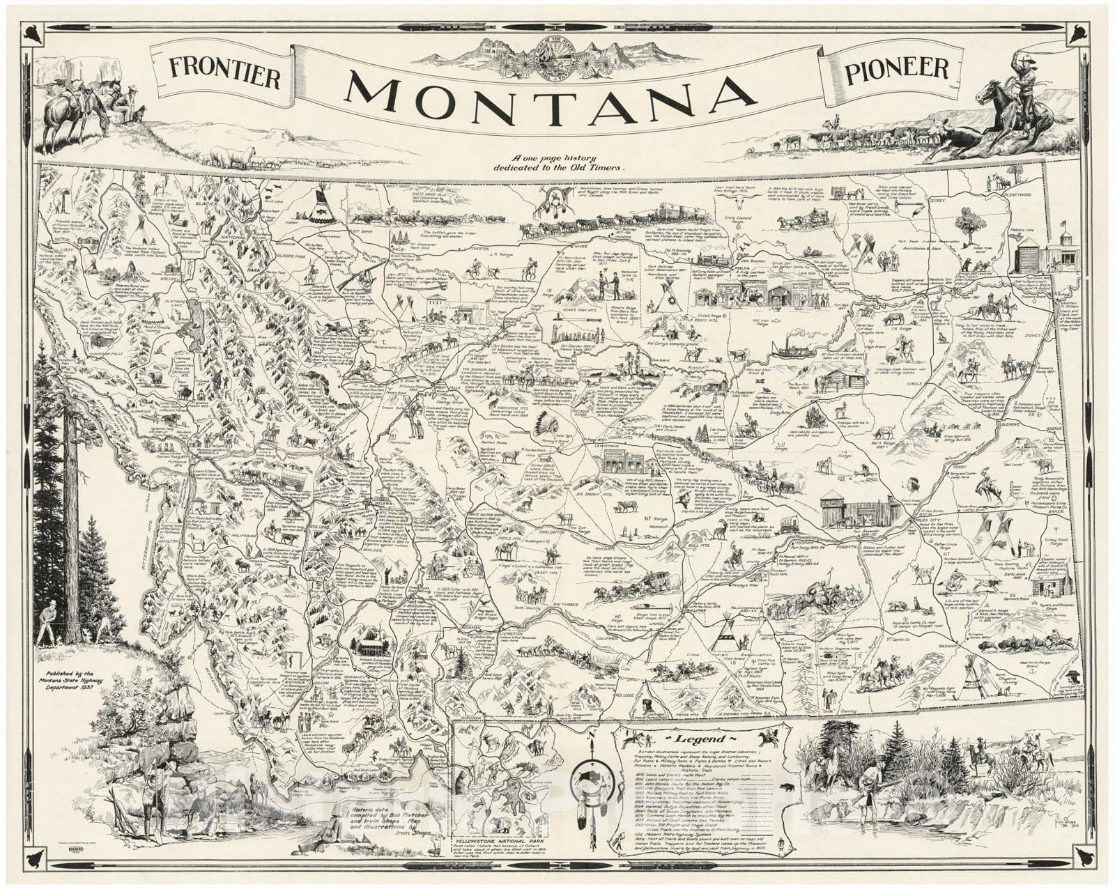 A Map of Montana whereon is Depicted and Inscribed the Pioneer History of the Land of Shining Mountains, 1937 - Vintage Wall Art