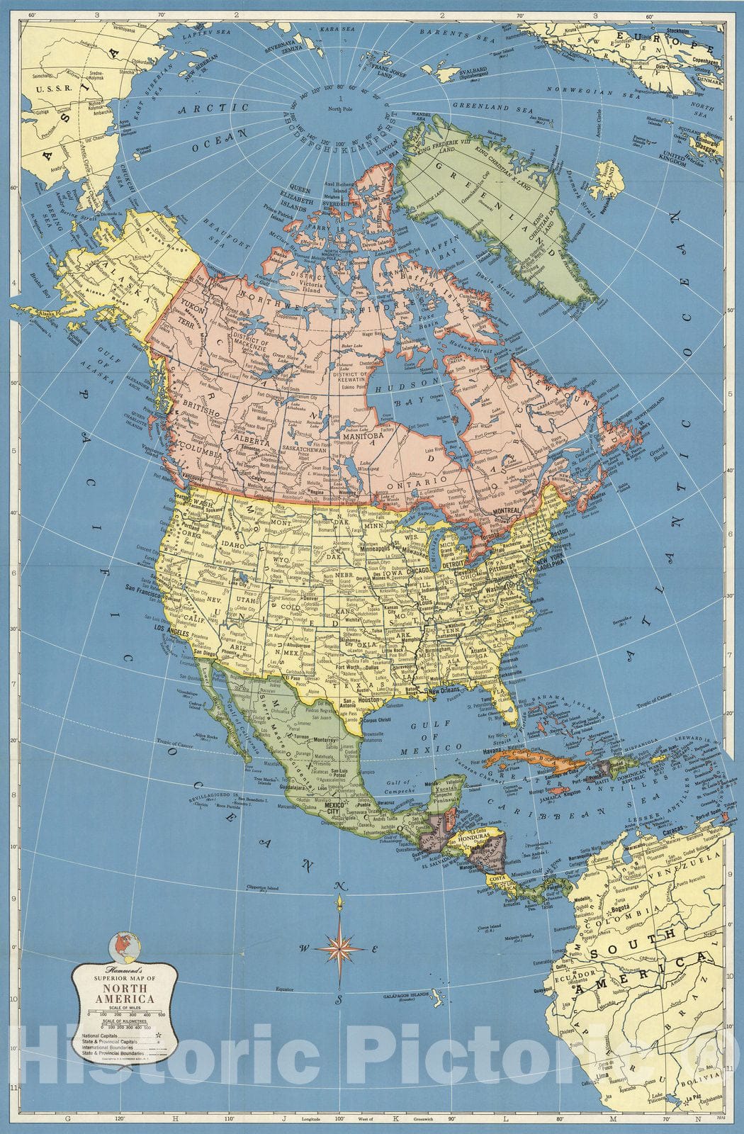 Historic Map : Case Map, Hammond's North America. 1957 - Vintage Wall Art