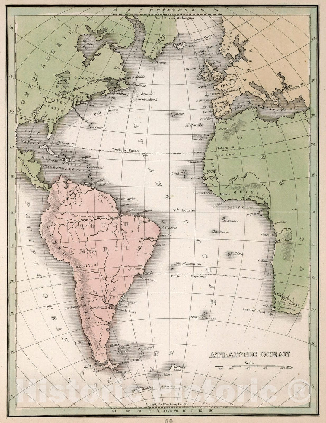 Historic Map : World Atlas Map, Atlantic Ocean 1838 - Vintage Wall Art