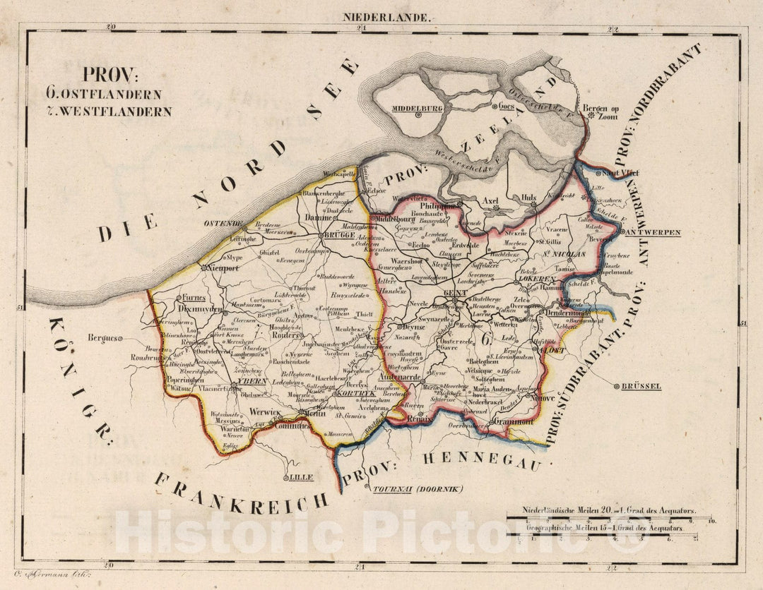 Historic Map : Netherlands, V.1:1-5: V:1. Niederlande: Prov: 6. Ostflandern. 7. Westflandern 1825 , Vintage Wall Art