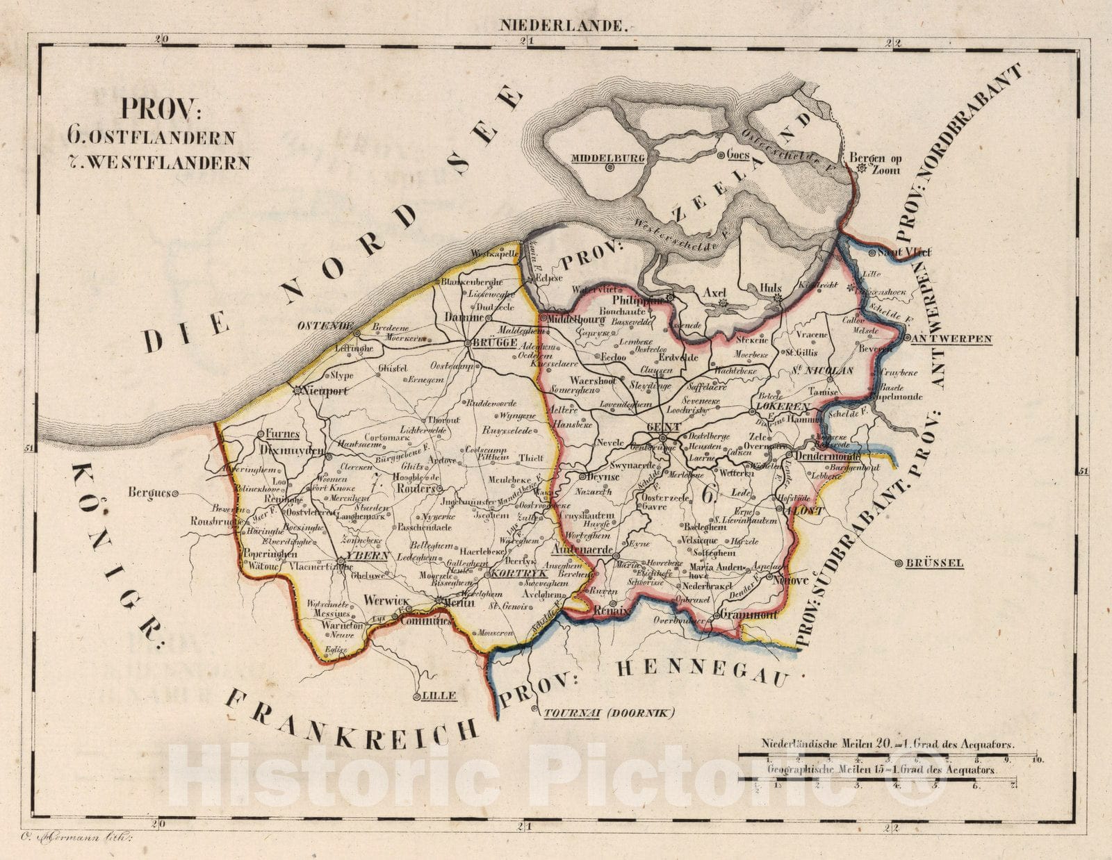 Historic Map : Netherlands, V.1:1-5: V:1. Niederlande: Prov: 6. Ostflandern. 7. Westflandern 1825 , Vintage Wall Art