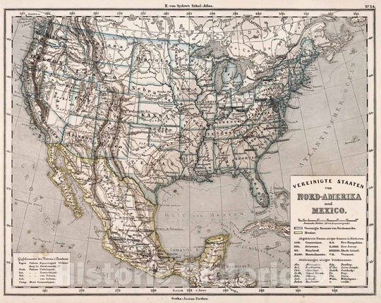 Historic Map : United States,34. Vereinigte Staaten von Nord-Amerika und Mexico. United States and Mexico. 1872 , Vintage Wall Art