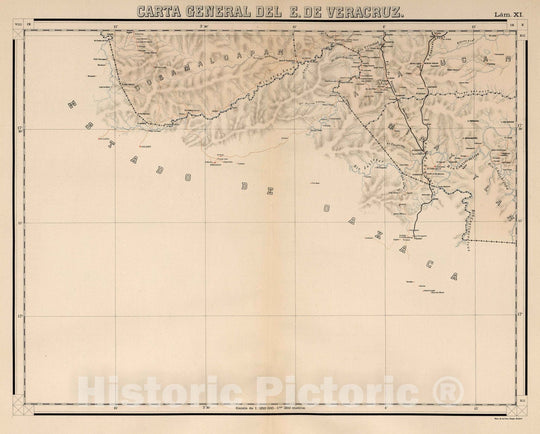 Historic Map : Veracruz (Mexico), State Atlas Map, Lam. XI. Carte General de E. de Veracruz. 1905 , Vintage Wall Art