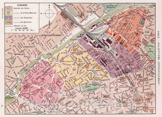 Historic Wall Map : Paris , France, Paris (France), City Atlas Map, Paris - Dix-Septieme Arrondissement. 1900 , Vintage Wall Art