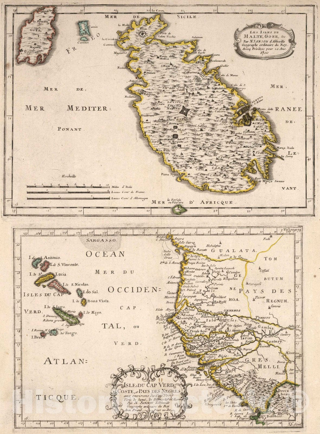 Historic Map : World Atlas Map, Isles of Malta, Gozo, and Cape Verde, and the Country of the Negroes. 1700 - Vintage Wall Art