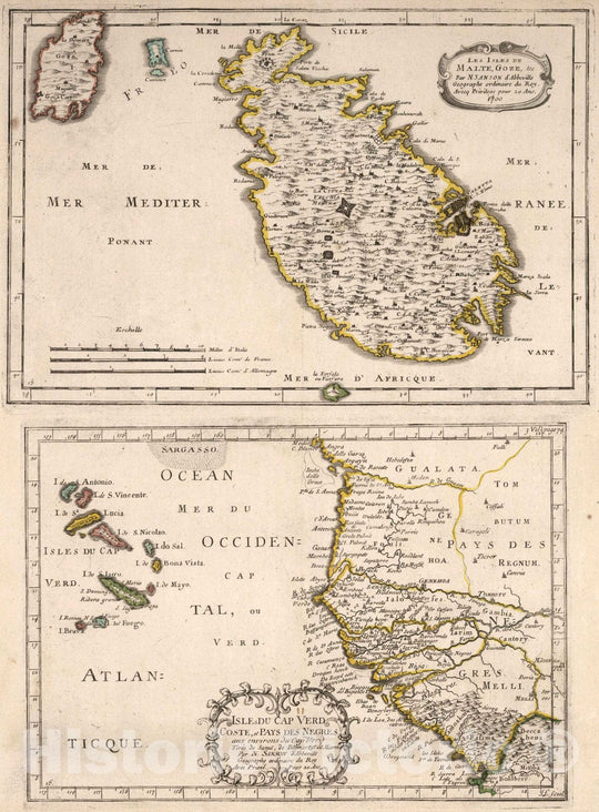 Historic Map : World Atlas Map, Isles of Malta, Gozo, and Cape Verde, and the Country of the Negroes. 1700 - Vintage Wall Art