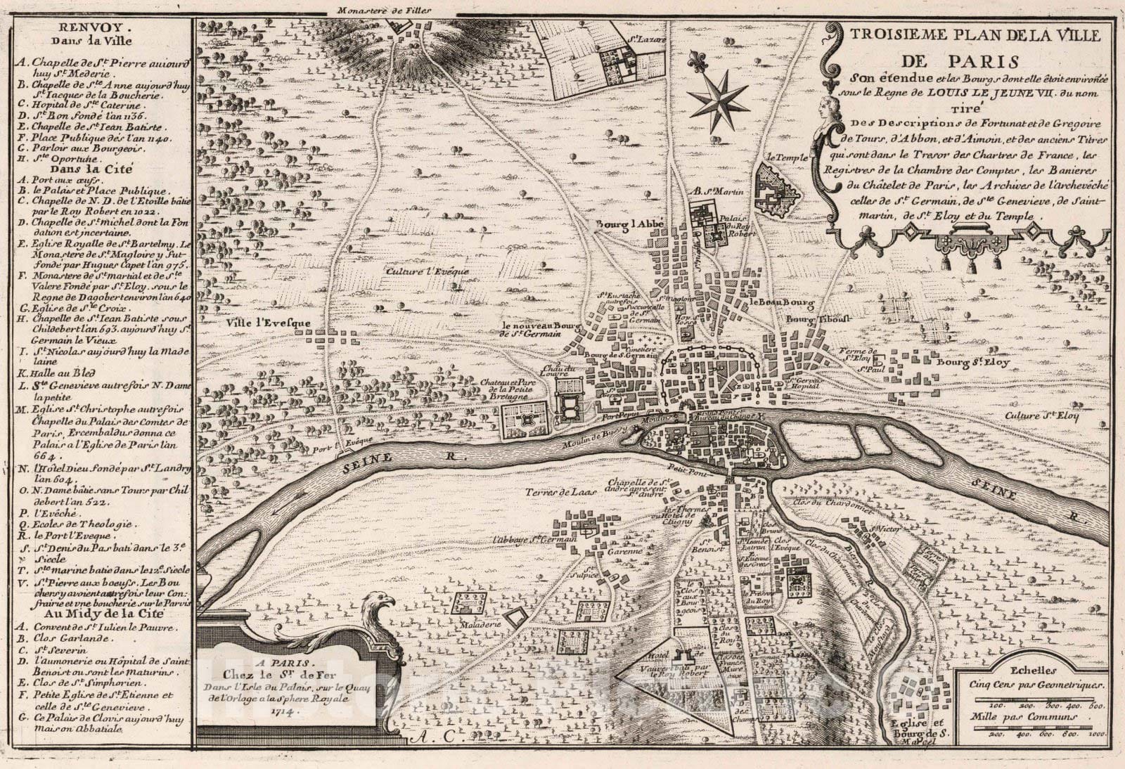 Historic Map : Paris , France,Troisieme Plan de La Ville de Paris. 1714 , Vintage Wall Art