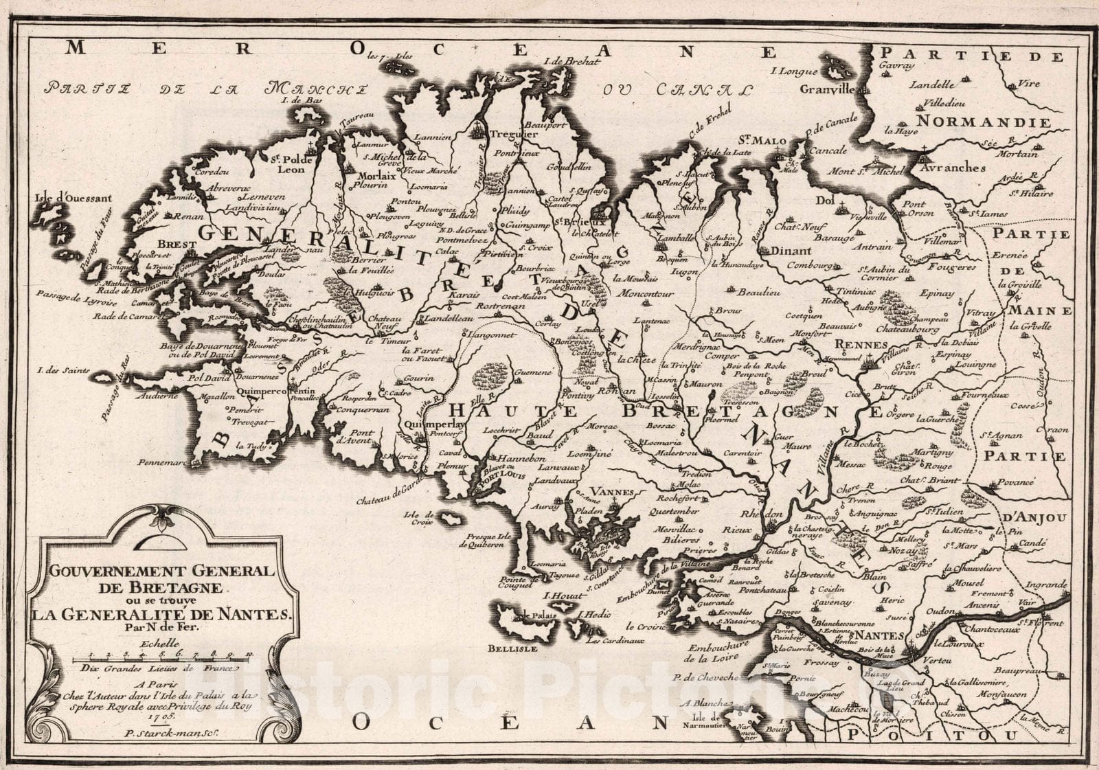 Historic Map : World Atlas Map, Gouvernement General de Bretagne ou se trouye la Generakite de Nantes, France. 1705 - Vintage Wall Art