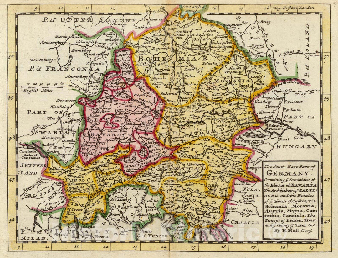 Historic Map : World Atlas Map, The south east part of Germany. 1736 - Vintage Wall Art