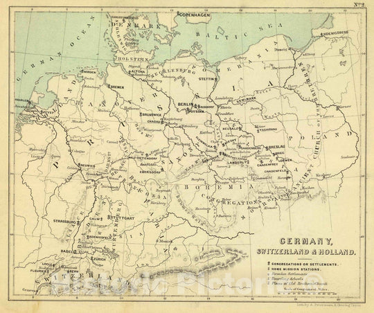 Historic Map : Religious Atlas Map, Germany, Switzerland, Holland. 1853 - Vintage Wall Art